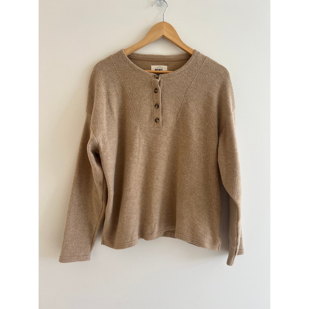 Madewell MWL Tan Camel Fleece Henley Pullover Cozy Top Loungewear Casual